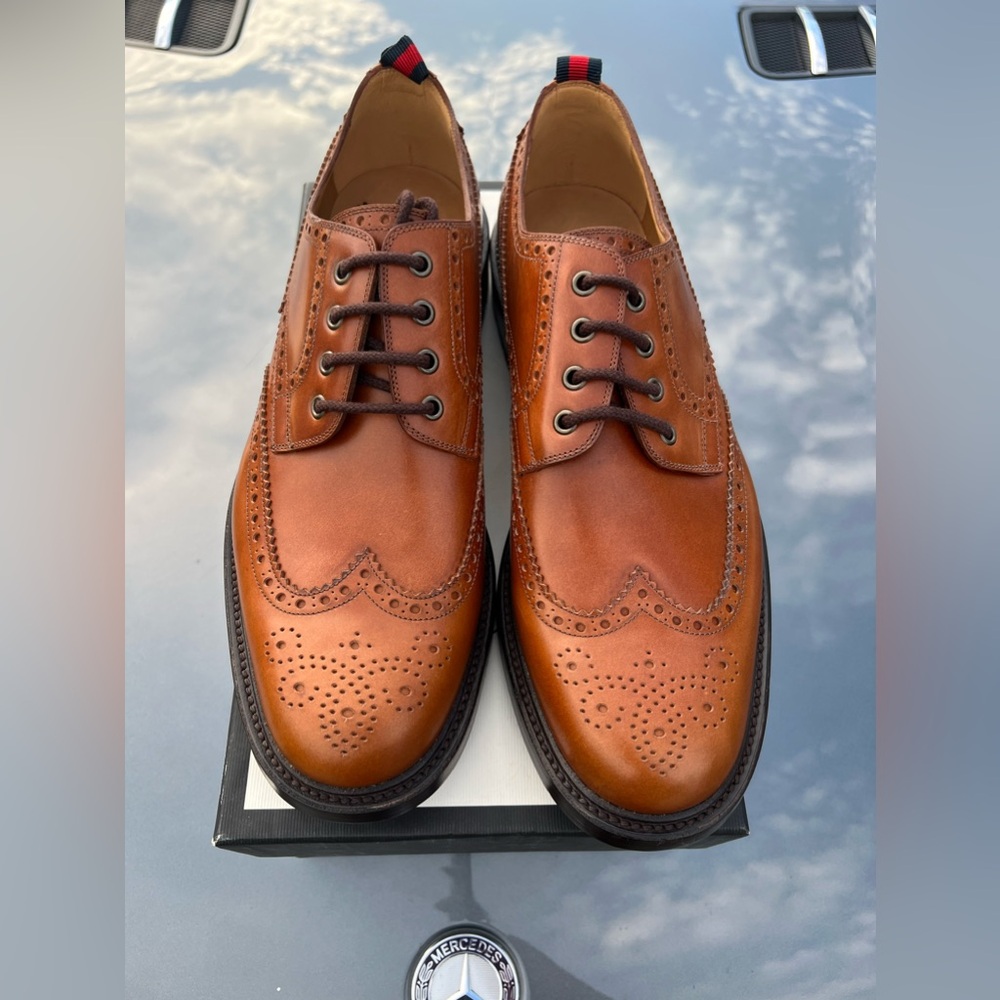GUCCI Tiger logo Brown Leather Wingtip Men Oxford Made in Italy size 12